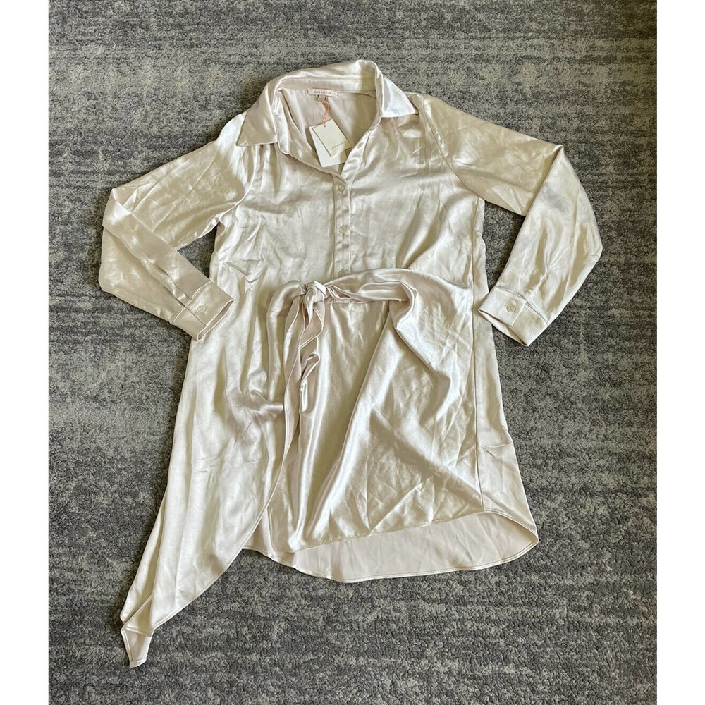 Skies Are Blue Womens XS Dress Beige Tie Silky Collared Button Down Short NWT N3